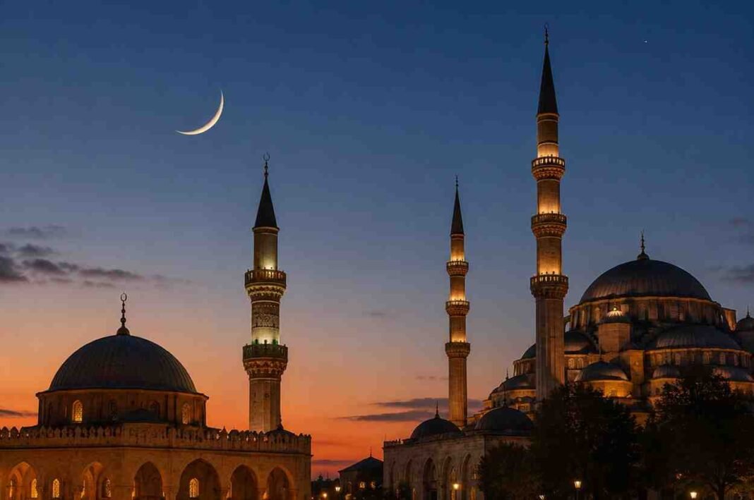 Mosques and crescent moon during sunset representing Eid al-Adha announcements in Islamic countries