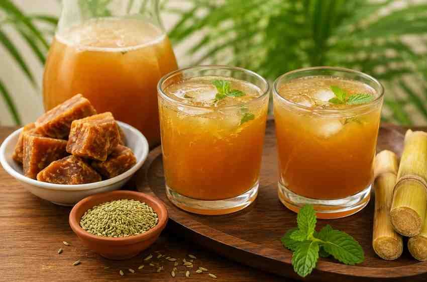 Traditional jaggery drink served in a glass with mint and jaggery pieces