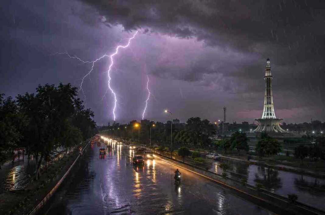 Lahore Thunderstorm Brings Relief After Intense Heat Heavy rain, lightning, and dark clouds over Lahore during a powerful thunderstorm at night.
