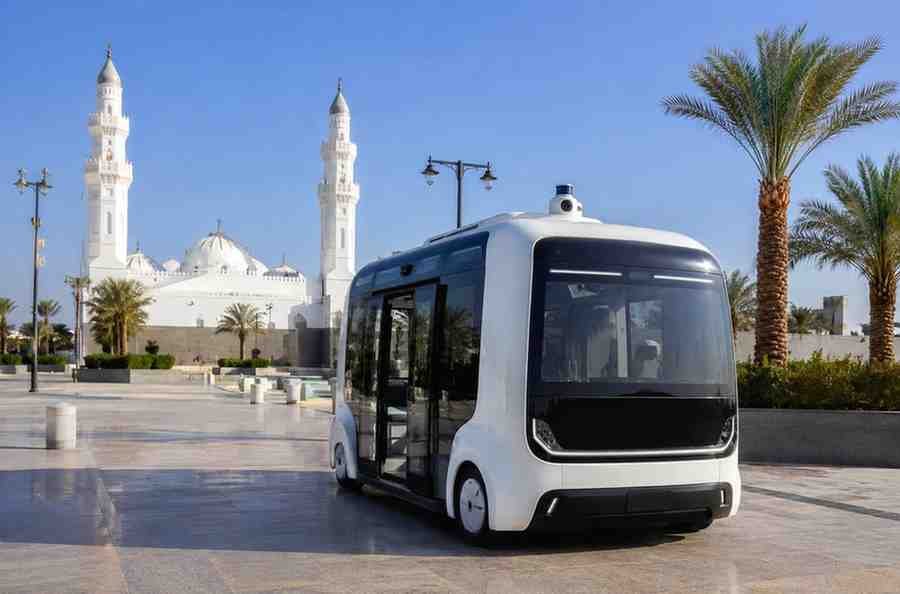 Autonomous Robobus operating inside the courtyard of Quba Mosque in Saudi Arabia