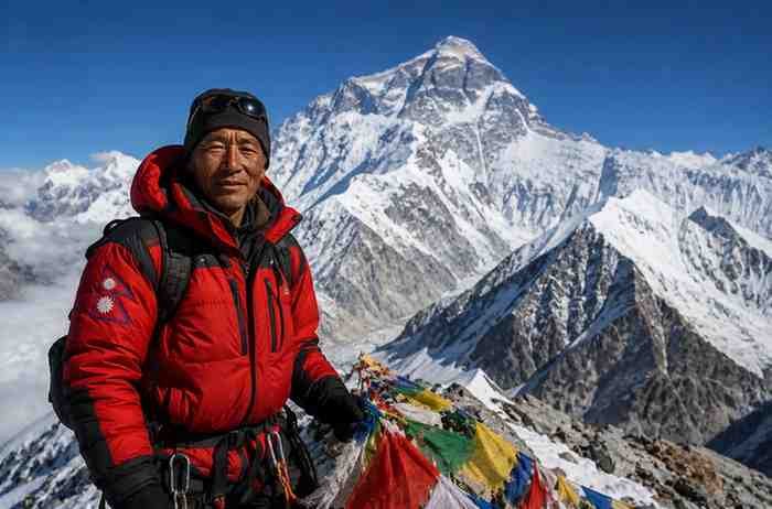 Nepalese climber standing near Mount Everest after a successful summit expedition.