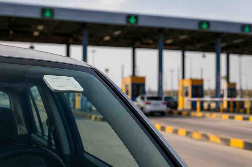 mtagfe Vehicle with M-Tag sticker approaching motorway toll plaza in Pakistan
