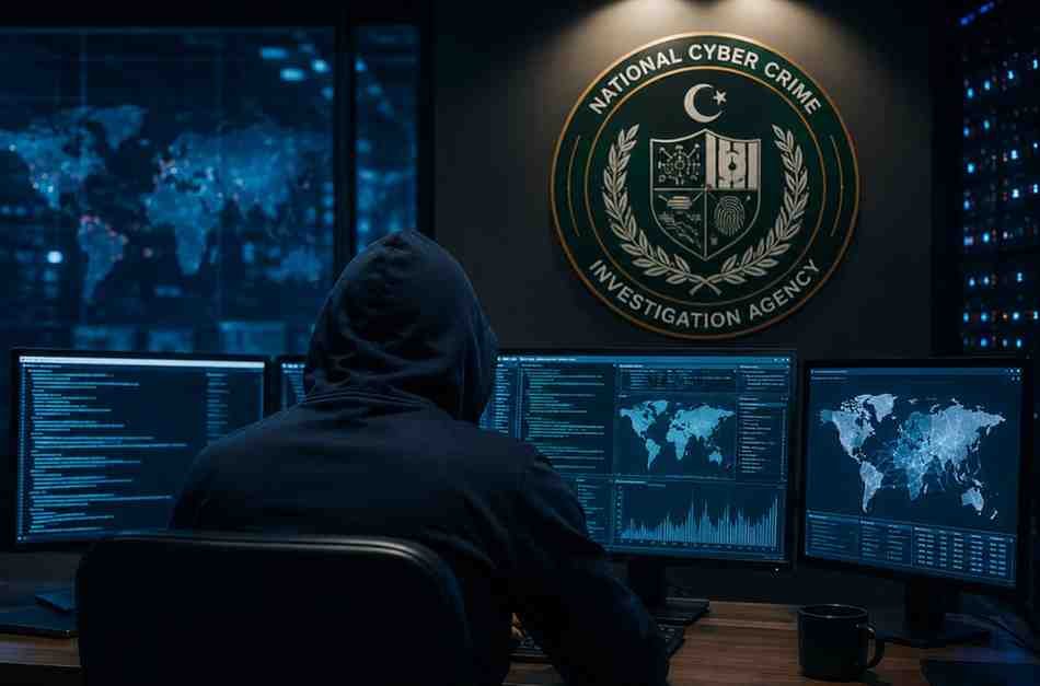 Cyber crime investigation setup with digital monitoring screens and cybersecurity operations room
