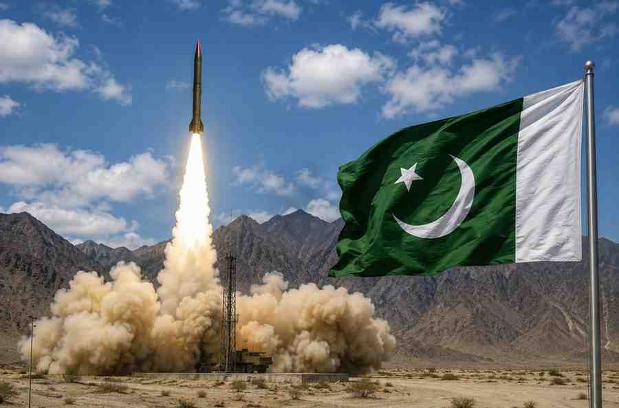newsyoumetaqbe Pakistan missile launch with national flag in desert