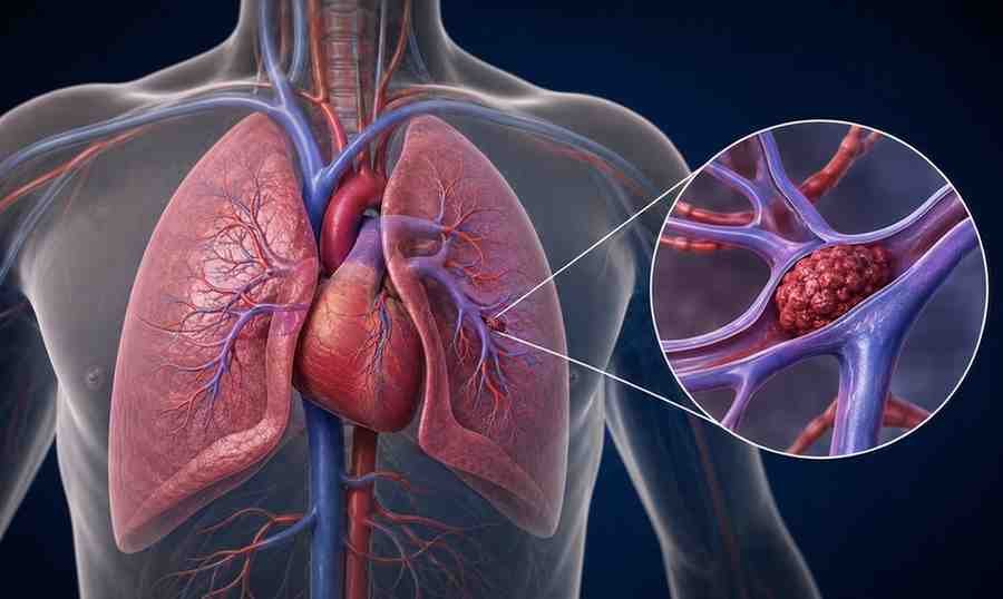 Medical illustration showing blood clot in lung artery causing pulmonary embolism