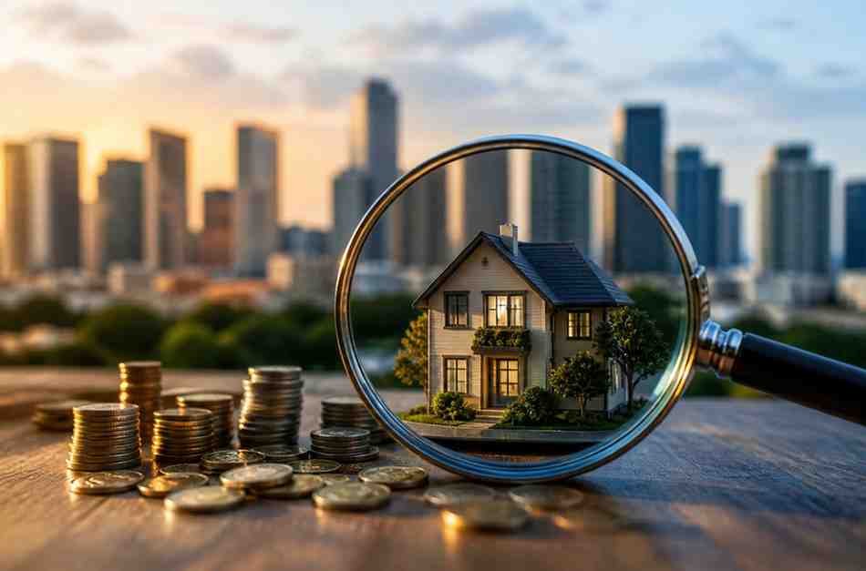 Real estate investment concept with house model and coins in city background