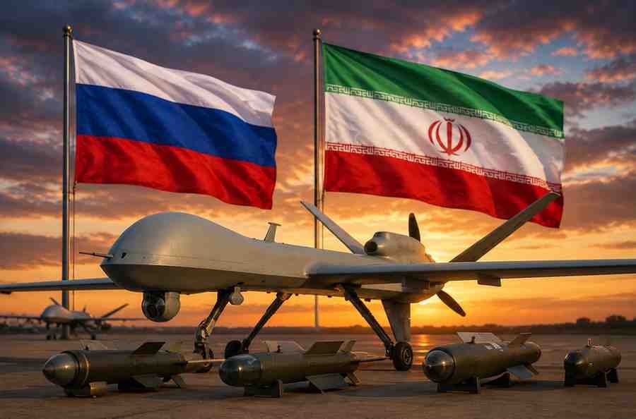 russiasendsdrone Military drone flying over a dark sky representing reports of advanced drone technology linked to Russia and Iran.