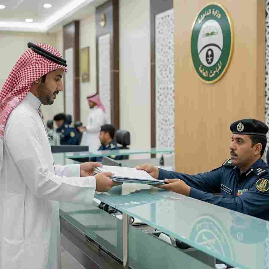 Saudi immigration officer receiving documents from an expatriate worker under Saudi Arabia iqama regulations