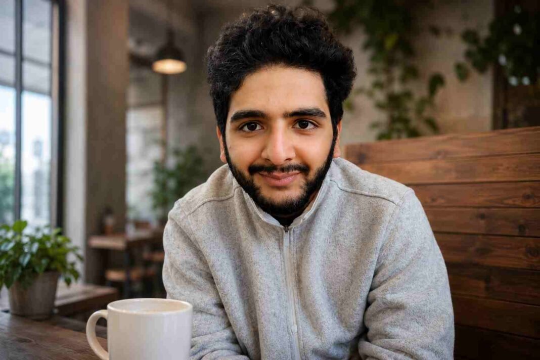 Sualeh Asif, Pakistani cofounder of Cursor AI, in a modern cafe-style portrait representing young AI innovation