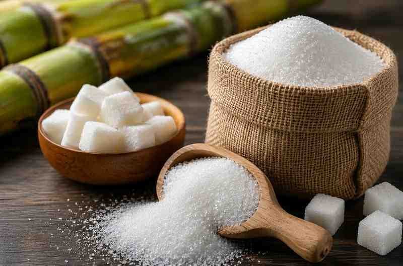 Sugar Export Demand Rises in Pakistan Sugar sacks and sugar cubes placed beside fresh sugarcane