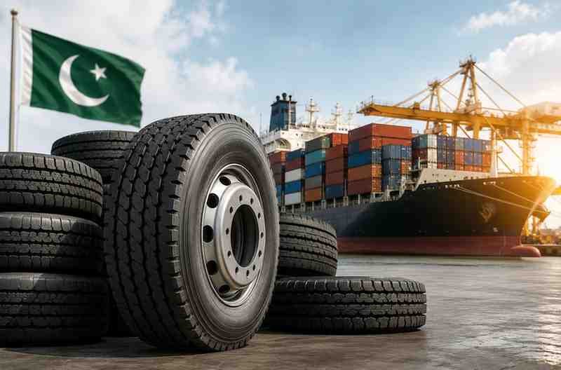 Truck tyres displayed at an export port representing Pakistan tyre industry growth