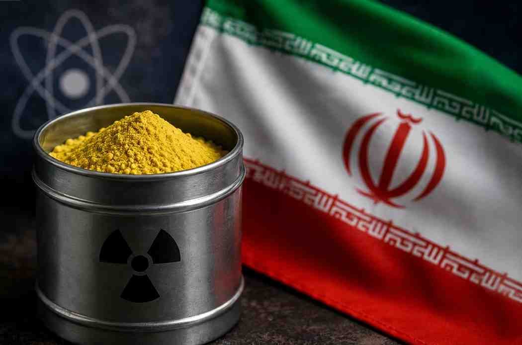 Container of enriched uranium placed in front of the Iranian flag symbolizing Iran’s nuclear policy and uranium dispute.