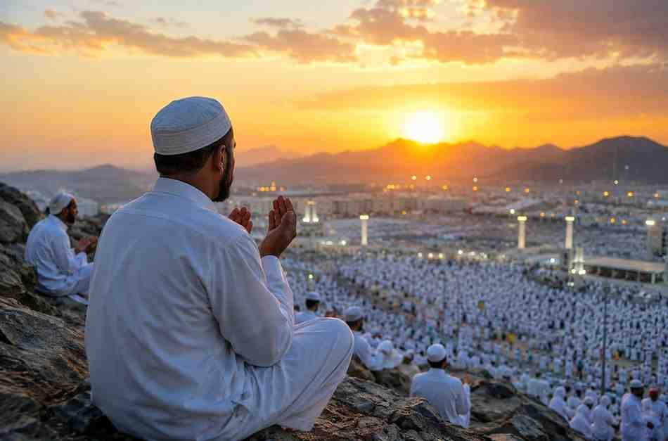Muslims praying on Youm e Arafah during sunset at Mount Arafat