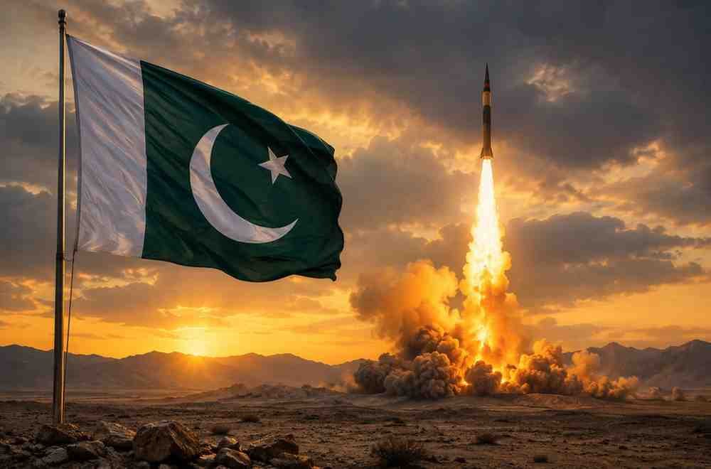 youmetaqbee Pakistan flag with missile launch during sunset