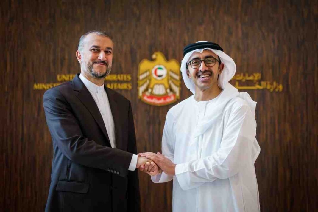 3billiontransfe Senior UAE and Iranian officials shake hands during a diplomatic meeting in Abu Dhabi.