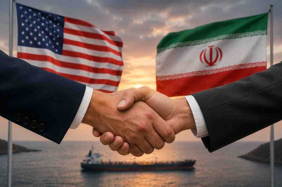 US and Iran flags behind a diplomatic handshake near the Strait of Hormuz.