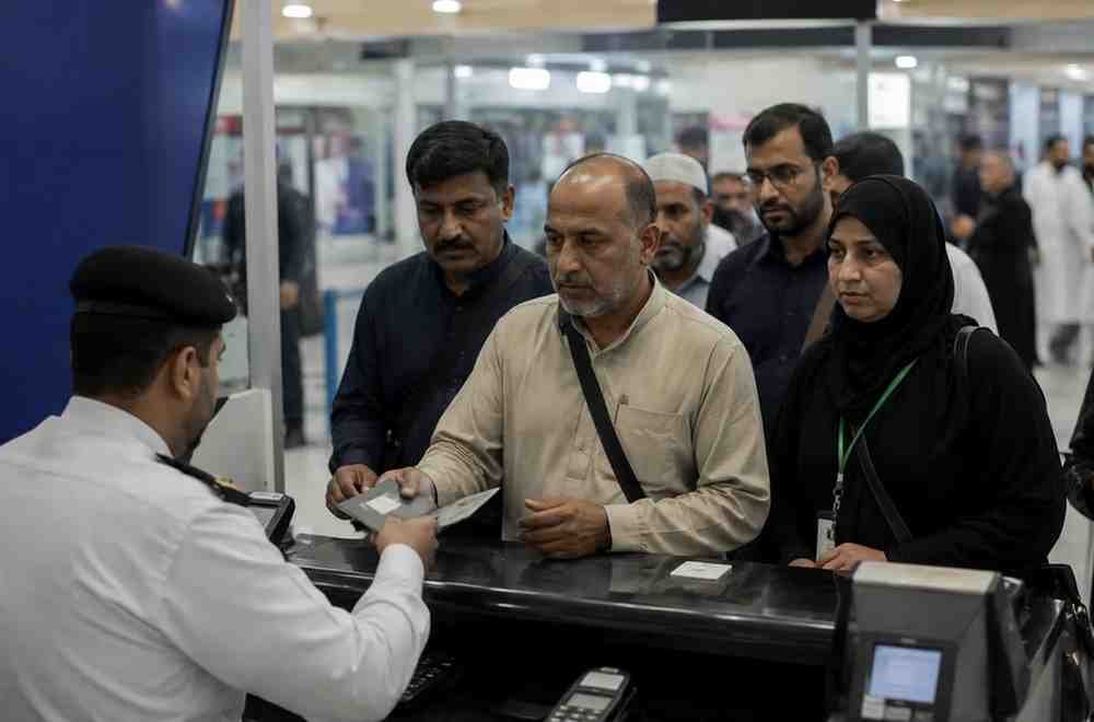Pakistani pilgrims at an airport immigration counter during passport verification.
