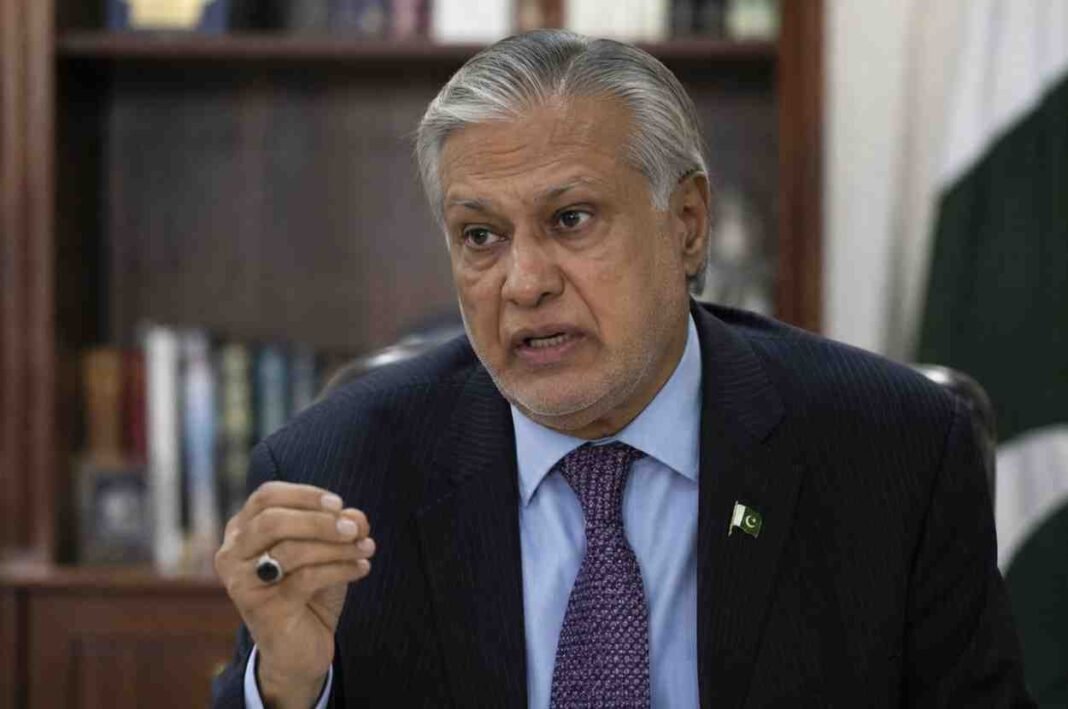 Ishaq Dar speaks during an interview on regional diplomacy and Strait of Hormuz toll relief.