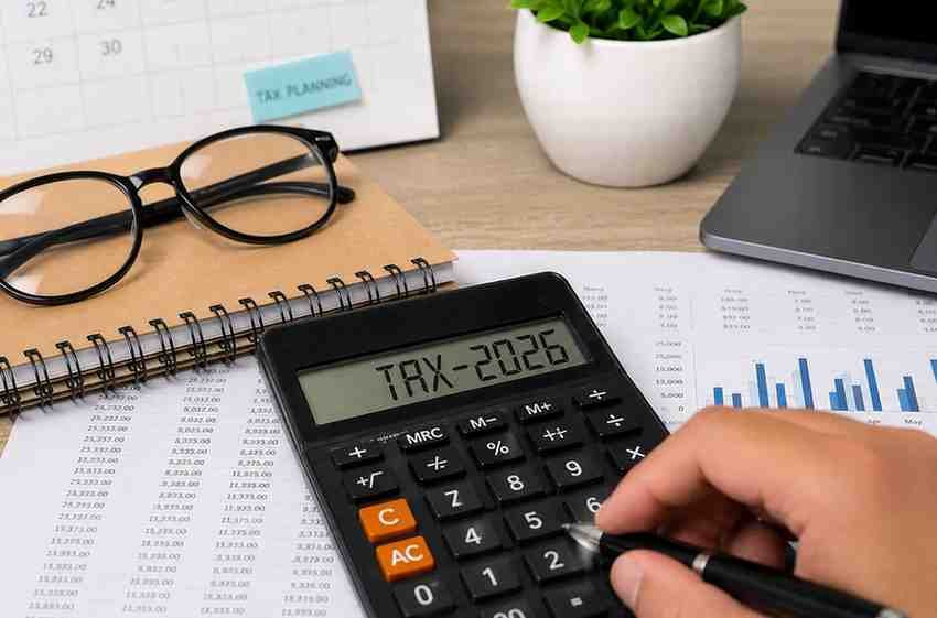 Calculator showing TAX-2026 beside financial documents and laptop.