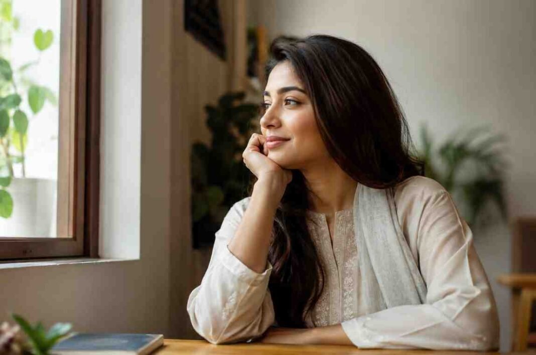 Young woman reflecting by a window, representing the grace and dignity of womanhood.