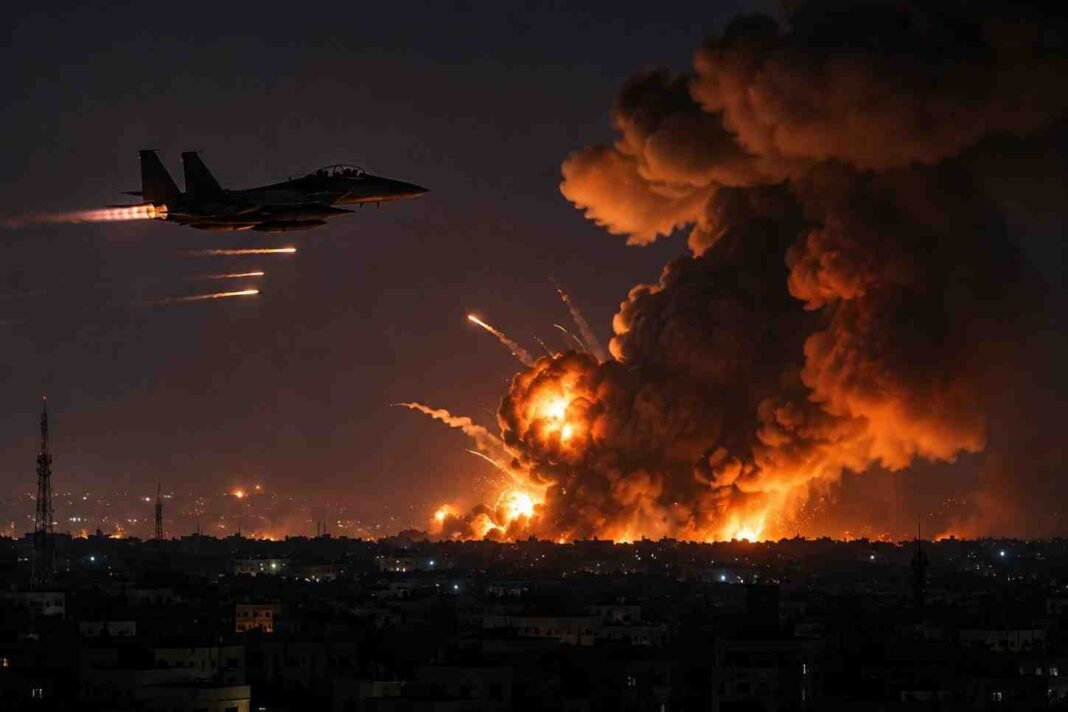 americastrike Fighter jet flies during U.S. airstrikes over Iran at night.