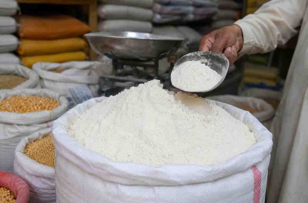 Flour Prices Exceed Official Rates Open sack of flour displayed at a local market in Sukkur.