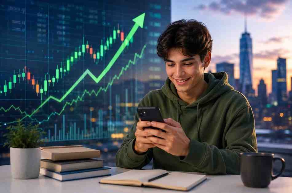 Young investor using a smartphone while tracking stock market growth.