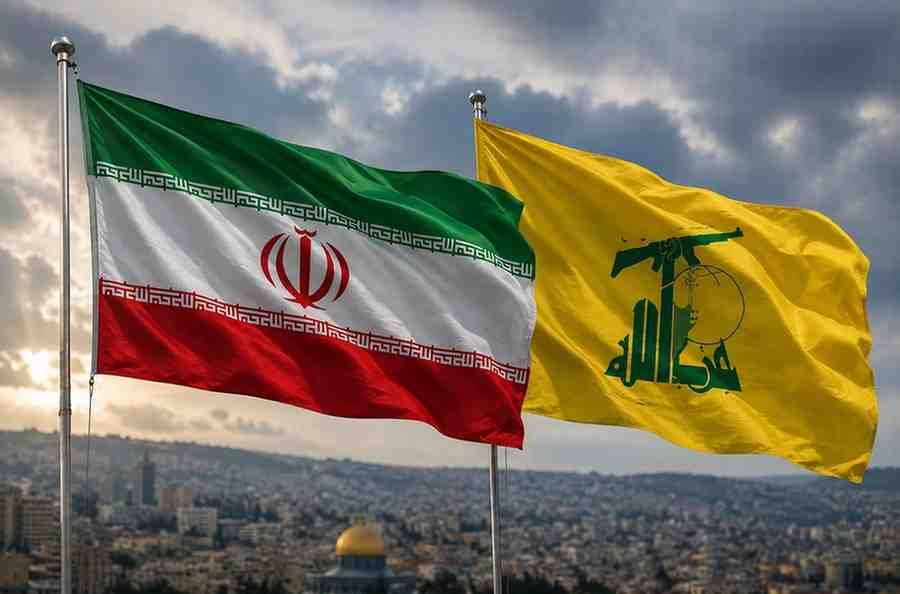 Iran and Hezbollah flags displayed during renewed statements on Iran's strategic support for Hezbollah.