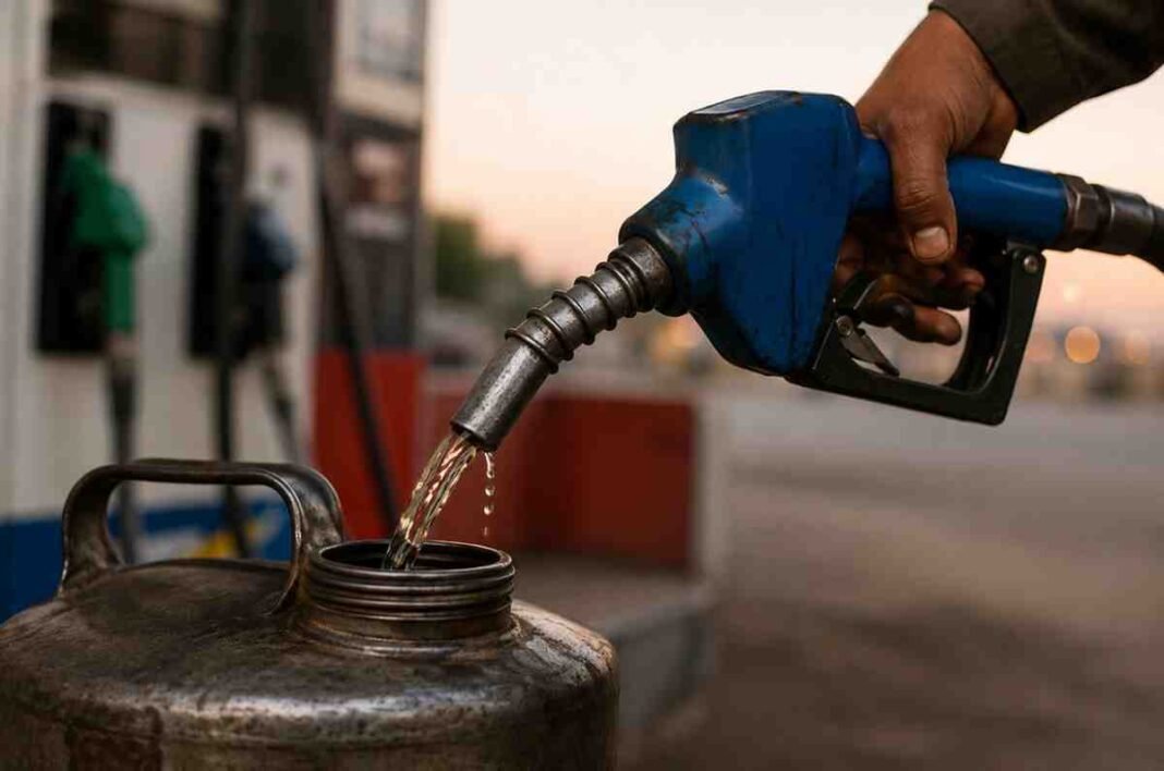 kerosenepricehig Fuel nozzle filling a kerosene container at a petrol station after the kerosene oil price increase in Pakistan.