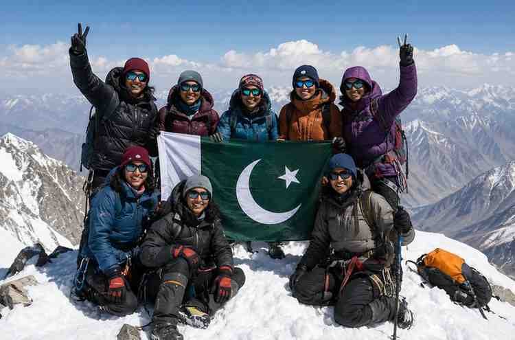 pakistaniclimber Pakistani women climbers celebrate after reaching the summit of 6,040m Khusar Gang Peak in Skardu.