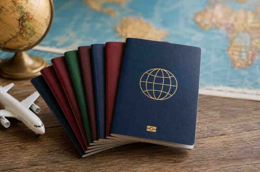 Powerful Passports List Released Multiple passports with a world map and globe representing the 2026 global passport strength ranking.