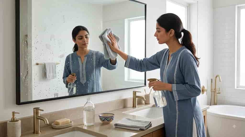 White Vinegar on Mirrors: Why This Cleaning Trick Works Woman cleaning mirror with white vinegar