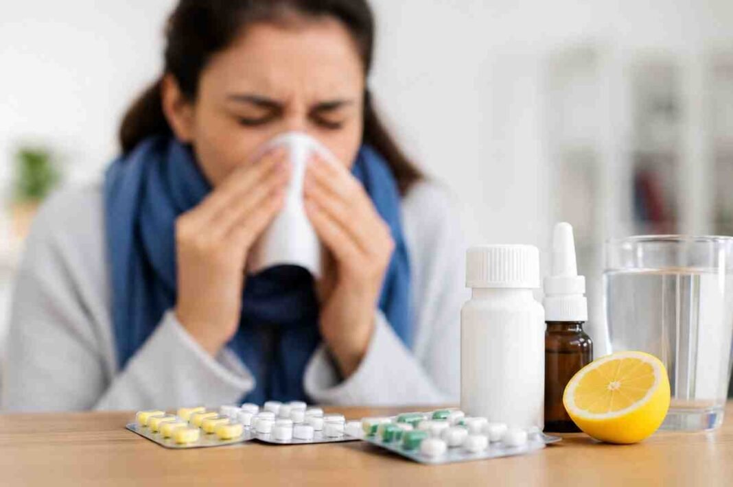 allergymedicin Allergy medicine and nasal spray displayed with a patient experiencing allergy symptoms.