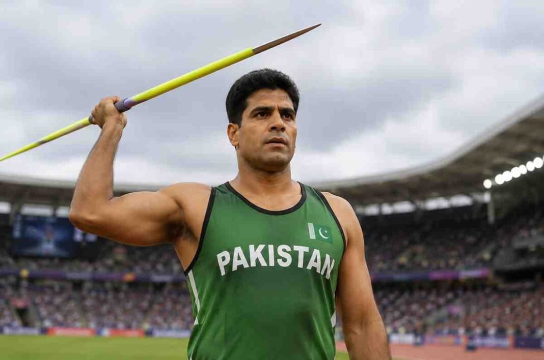 Arshad Nadeem prepares for a javelin throw during an international athletics event.
