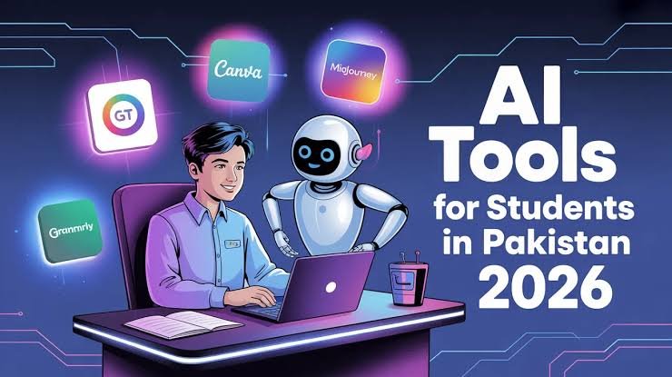 Laptop displaying AI writing, image generation, video editing, and SEO tools used by content creators in Pakistan.