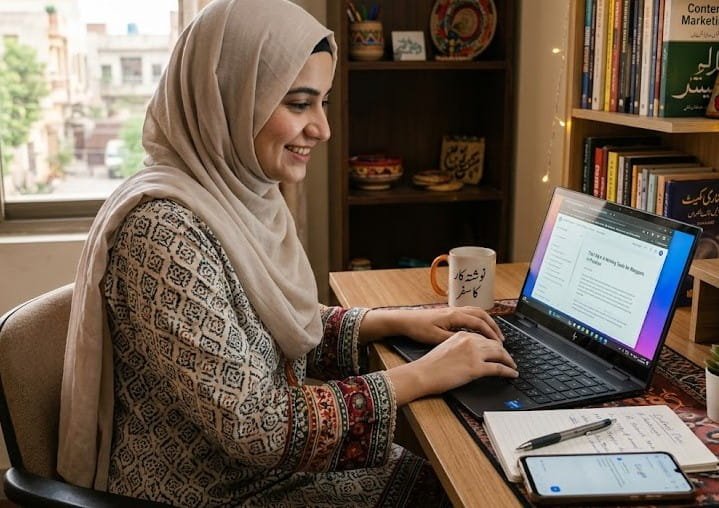 Best AI Writing Tools for Bloggers in Pakistan (Free vs Paid) Best AI writing tools for bloggers in Pakistan on a laptop workspace