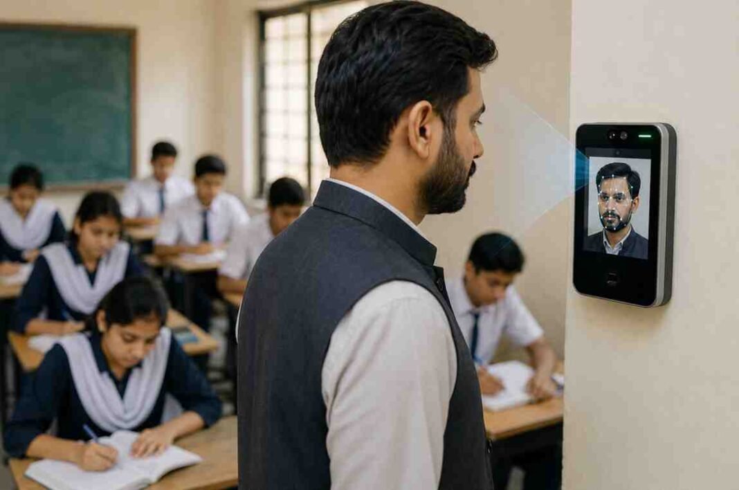 Schools Adopt Digital Teacher Attendance Teacher using a facial recognition attendance system in a public school classroom in Sindh.