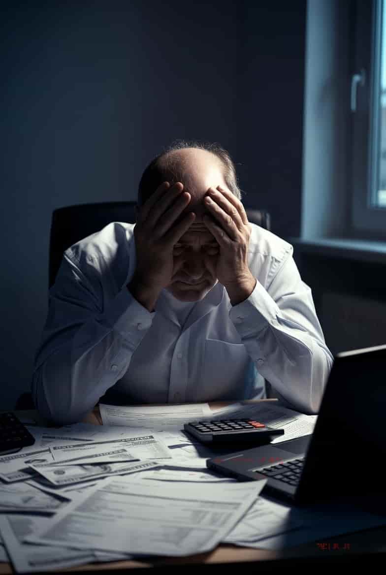 Stressed man holding his head in his hands at a desk covered with bills and a calculator.