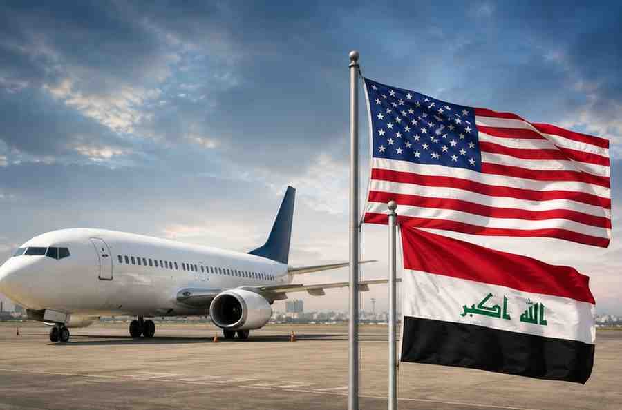 Commercial aircraft with U.S. and Iraqi flags representing sanctions policy changes.