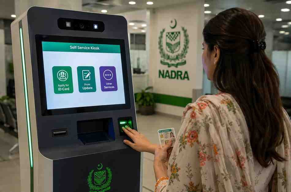 Citizen using a NADRA kiosk machine to apply for CNIC services.