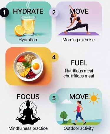 Infographic showing 5 morning habits for weight loss: hydrate with lemon water, morning yoga, healthy breakfast, mindfulness, and outdoor walk.