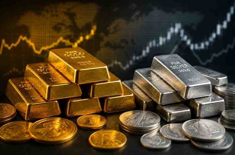 Gold and silver bars with coins representing the Gold Price 2030 forecast.