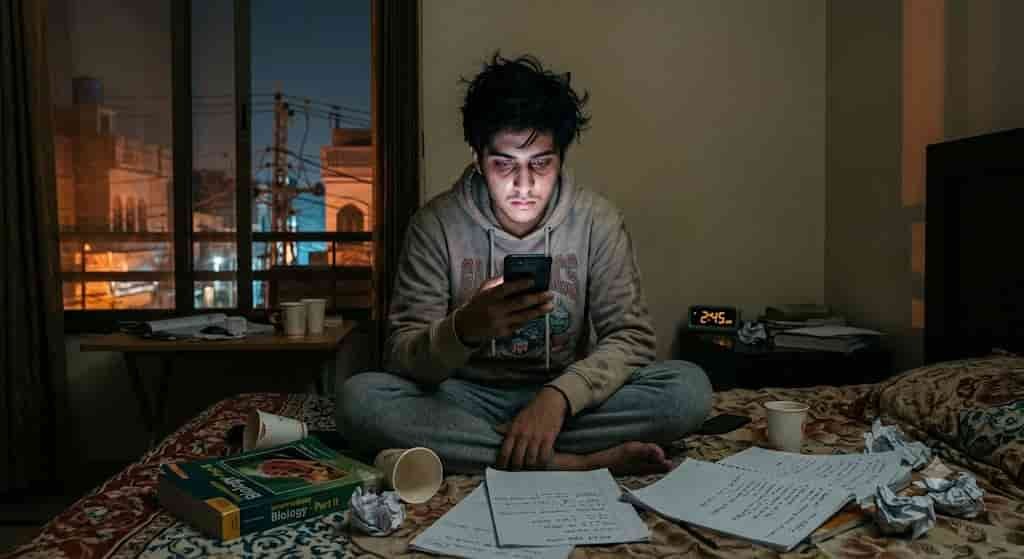 Pakistani Gen Z student struggling with sleep due to smartphone use and academic stress