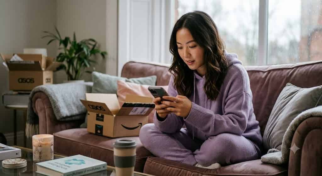 Person influenced by social media shopping advertisements on a smartphone