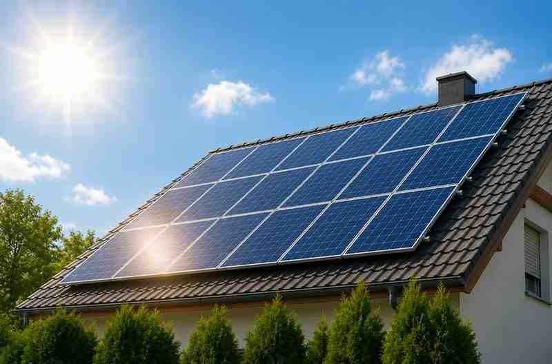 Solar panels installed on a residential rooftop under bright sunlight.