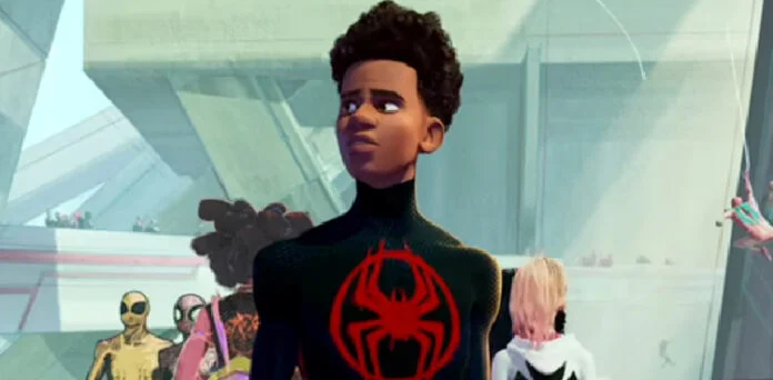 Spider-Man: Beyond the Spider-Verse Trailer Leaked Animated Spider-Man character Miles Morales wearing a black Spider-Man suit with a red spider logo in a futuristic setting