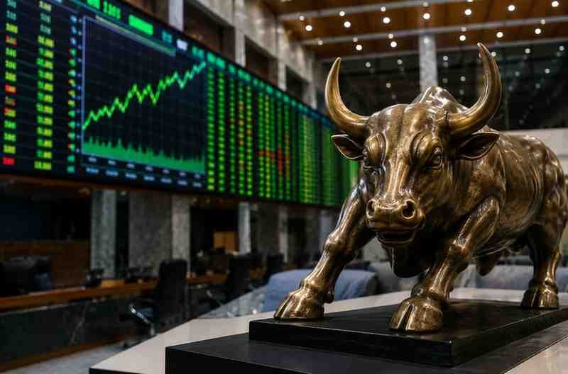 Stock Market Closes with Strong Bullish Momentum Bull statue with rising stock market chart on a trading floor.
