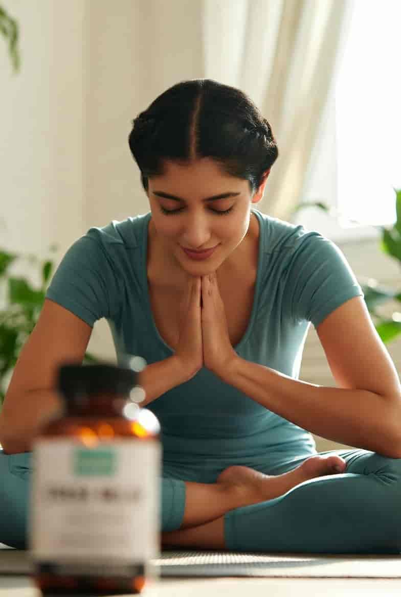 How to Reduce Stress Naturally Without Medication Pakistani woman in teal yoga wear sitting cross-legged in meditation pose with hands in prayer position, eyes closed and smiling gently, medicine bottle blurred in the foreground.