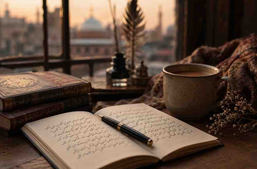 Why Urdu Poetry Still Connects with Gen Z Open Urdu poetry book with a pen and tea in a peaceful reading setting.