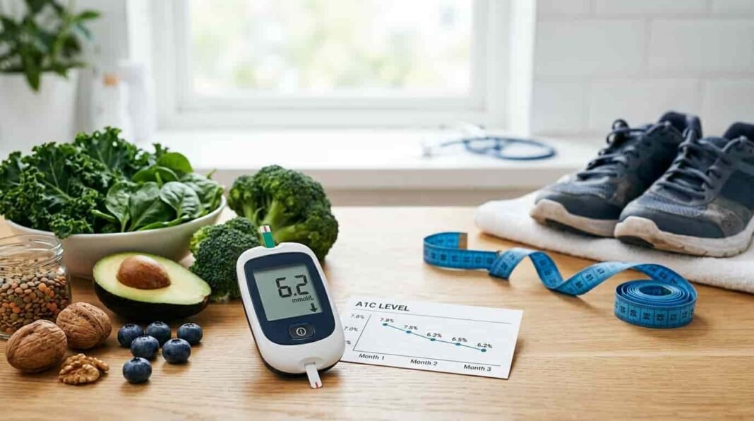 10 Tips to Lower Your HbA1c in 3 Months Healthy foods and glucose meter representing ways to lower HbA1c in 3 months